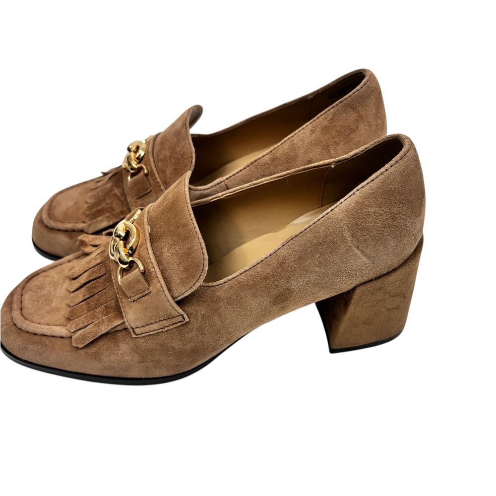 Ann Taylor Tan Suede Kiltie Fringe Chain Block Heel Loafers Pumps Mens 7M